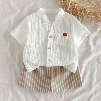 2 st set med kortärmad kofta, dekorerad krage och shorts i midjan för babypojkar - Kaki (6-9M,9-12M,12-18M,18-24M,2-3Y,3-6M)