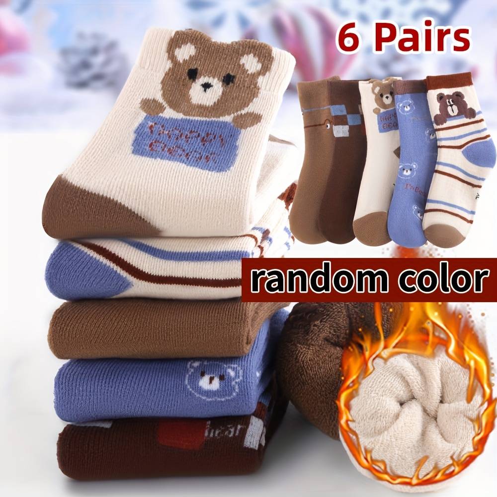 6-pair Boys' Winter Thermal Socks, Children's Thickened Plush Mid-calf Socks, Cold-proof Towel Floor Socks, Suitable For Cold Weather, Color Random