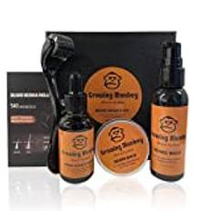 Growing Monkey︱Skäggtillväxtkit Med Ekologisk Skäggväxtserum, 540 Micronålar Derma Roller och Naturlig Skäggbalsam︱Fylligare Skägg med Kvalitets Beard Kit för Män