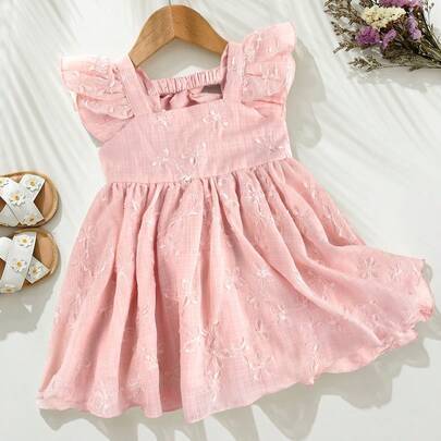 Babyflicka blomsterprintad chiffongklänning med rund hals, korta ärmar och markerad midja - Babyrosa (6-9M,9-12M,12-18M,18-24M,2-3Y)