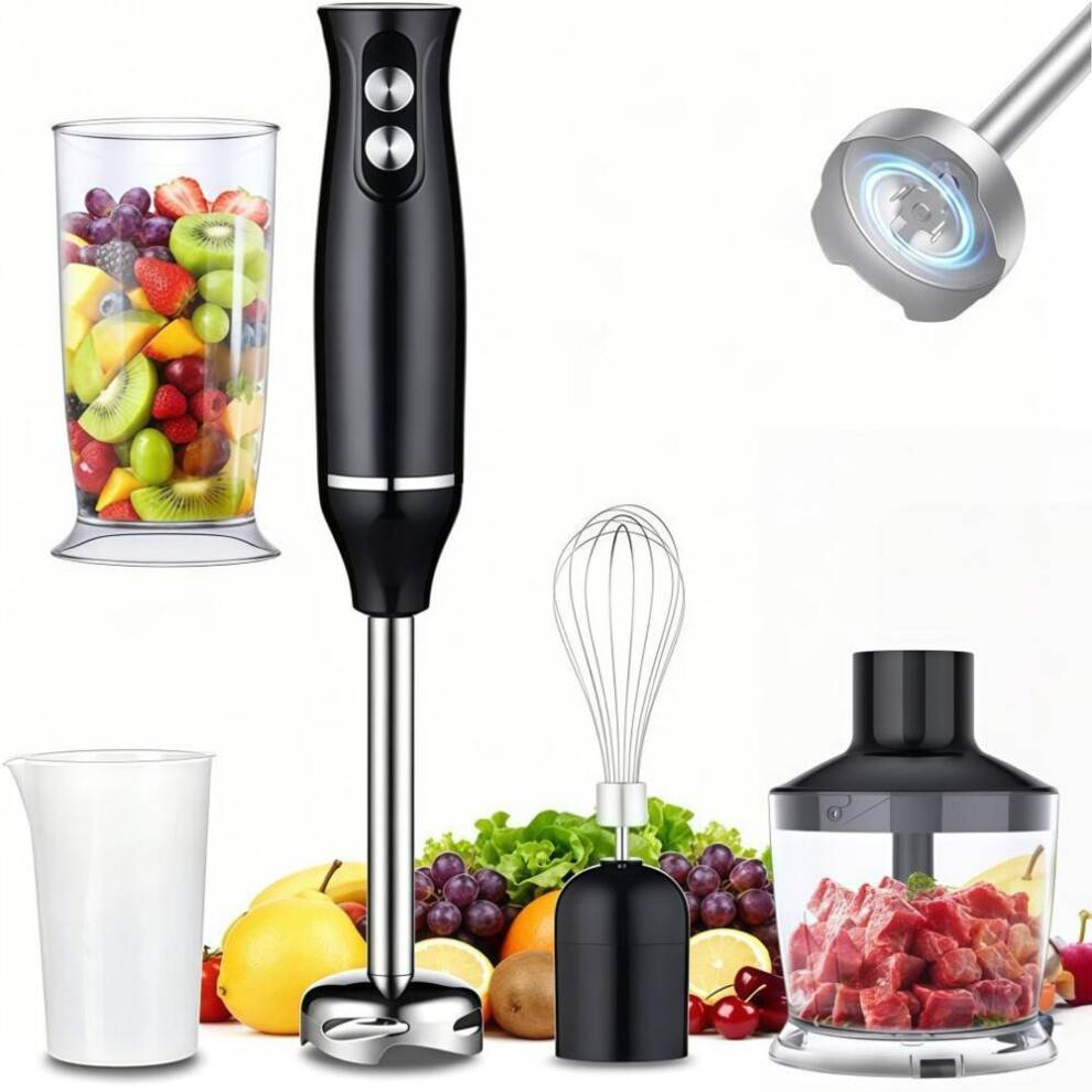 4-i-1 stavblendersæt, 500W turbo, 2 hastigheder og turbo, håndmixer med hakker, bægerglas, piskeris, foodprocessor, håndmixer