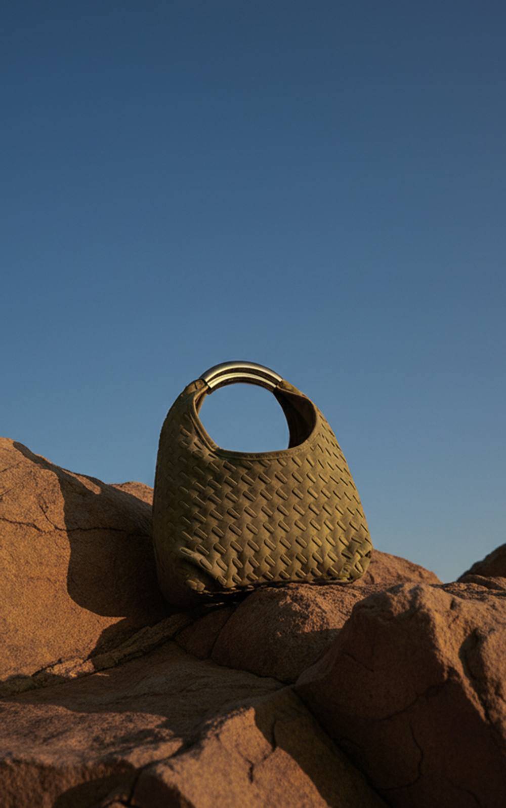 Khaki Faux Suede Weave Metal Handle Shoulder Bag