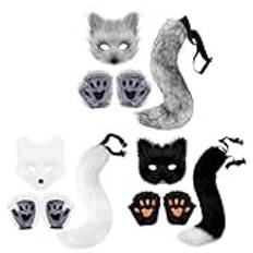 Fox Mask and Tail med Fox Paws realistiska personlig Therian Mask och Tail för Cosplay Party Halloween Masquerade, mörkgrå vargöron och svans