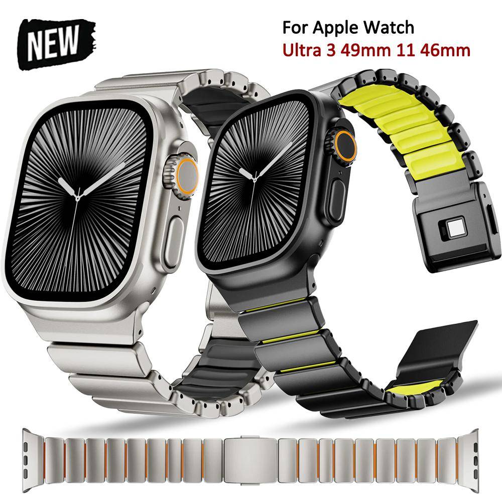 Magnetiskt armband för Apple Watch Ultra 3 49mm Rostfritt stål Gummiband för Iwatch Series 11 10 46mm 9 8 7 se 44mm 45mm Rem black