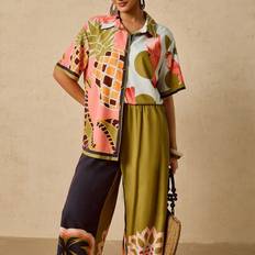 Plus Size Women Tropical Fruit & Plant Print Asymmetric Short Sleeve Shirt Top + Beach Pants 2 Pieces Set, Casual Holiday Resort Outfits For Women Two - Multicolor - 0XL,1XL,2XL,3XL,4XL