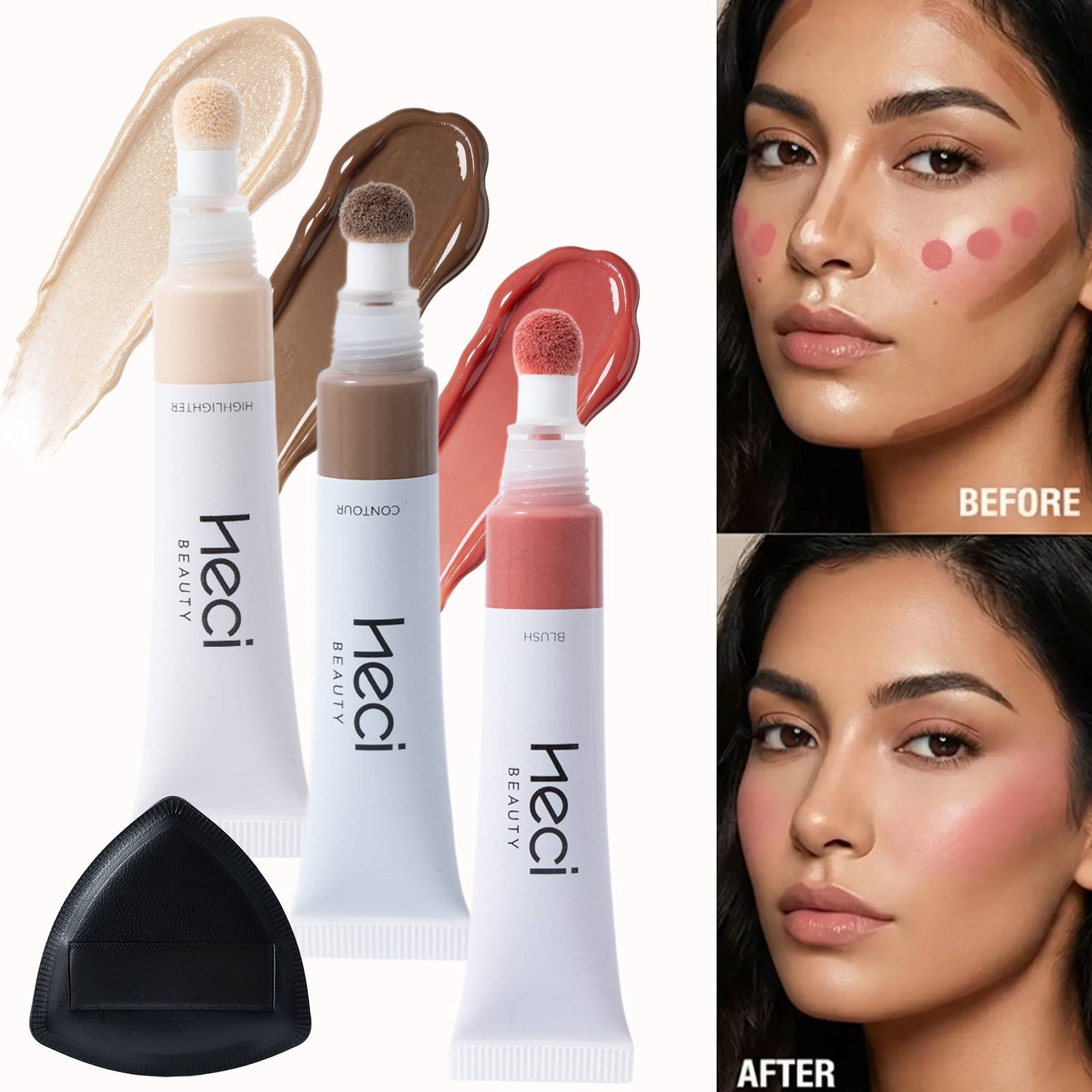 3pcs Liquid Blush + Contour + Highlighter Set With Sponge Tip Applicator & Triangle, Waterproof Face Makeup Kit For Nose Shadow & Cheek Shading, Brightening Lifting Look, -one Essential