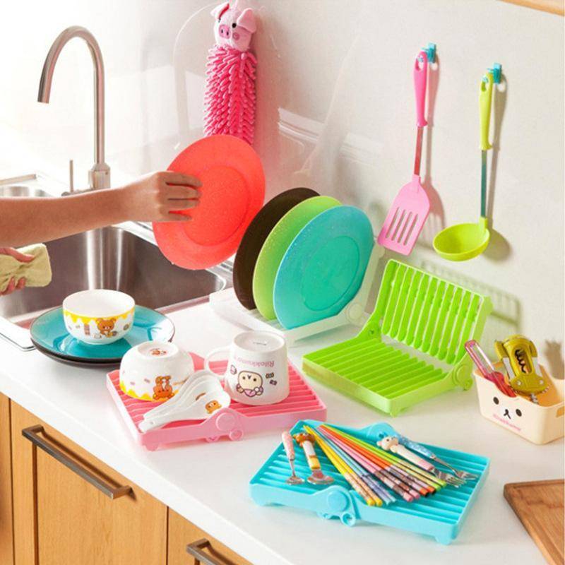 Plastic Foldable Dish Rack Kitchen Organizer Plate Holder Space Saving Tableware Dish Drainer