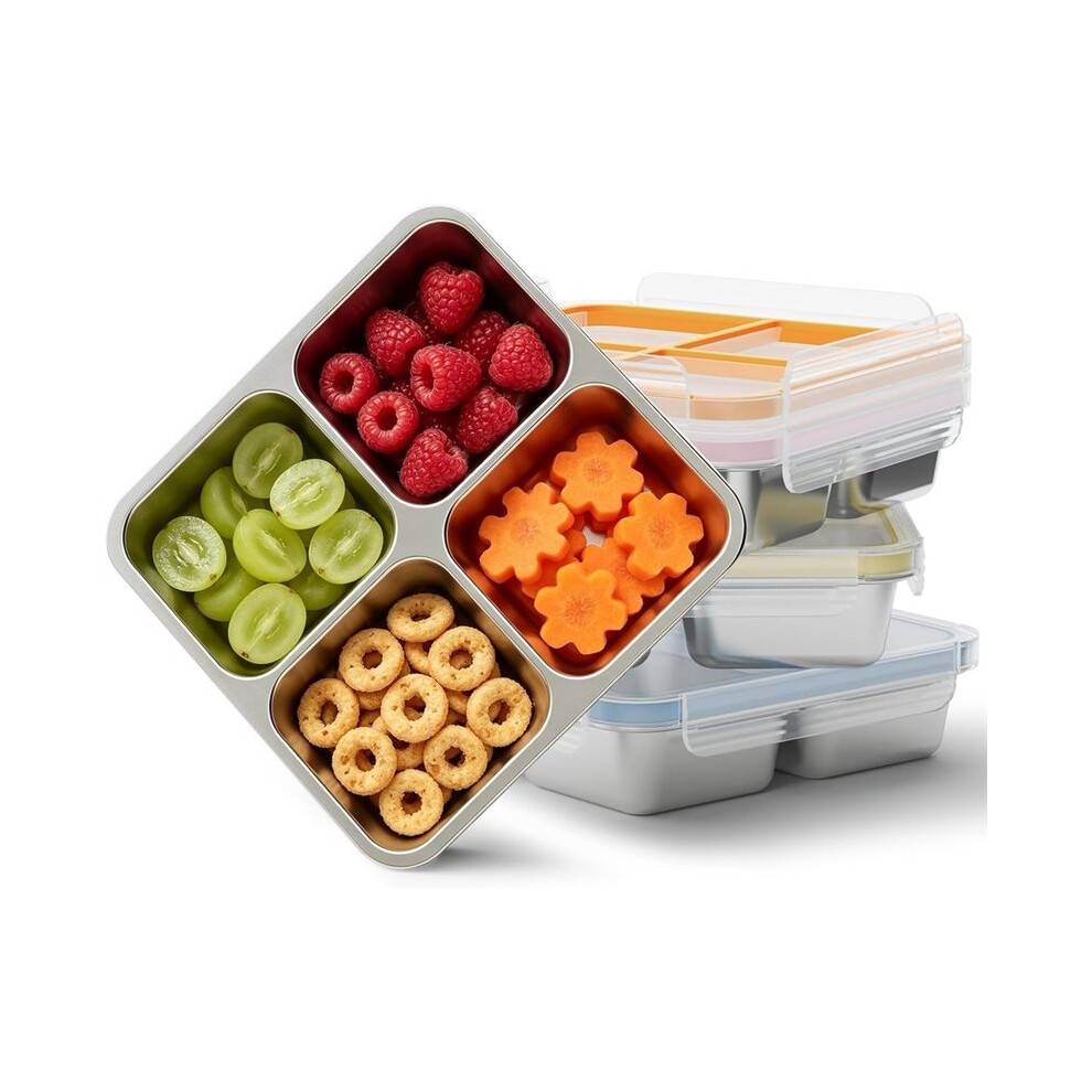 4Pack Stainless Steel Snack Containers,4 Compartment Metal Snack Containers with Lid,Compact Food Storage Box Containers