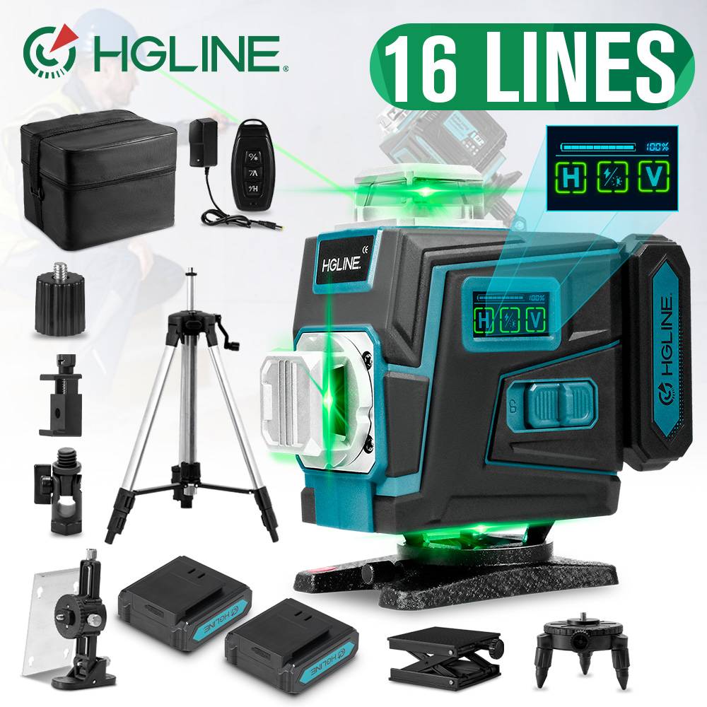 HGLINE 16 Lines Laser Level green line Self-Leveling 360 Horizontal & Vertical power Laser level Professional Construction Tools