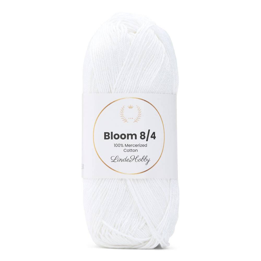 LindeHobby Bloom 8/4 Mercerized Cotton 02 Hvid Indhold: 100% merceriseret bomuld Vægt/længde:50 g = ca 160 meter Anbefalede pinde:3.00 mm Anbefalede hæklenåle: 3.50 mm Strikkefasthed:10 x 10 cm = 21 m x 26 p Vask: Skånevask max 40°C / Tørres fladt.