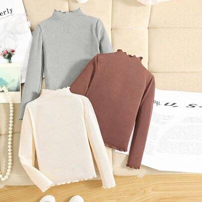 3 st avslappnade enfärgade ribbade t-shirts för tween-flickor med salladskant och mock neck, allroundmatchande barnkläder - Multifärgad (7Y,8Y,9Y,10Y,11Y,12Y,13Y)