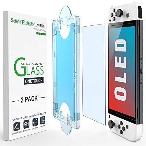amFilm OneTouch Glass Screen Protector Designed for Nintendo Switch OLED Model 2021 - with Auto Adjustment Kit, Bubble Free [2 Pack]