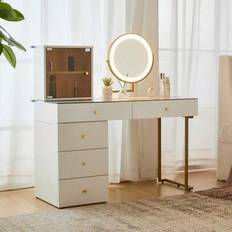Schminktisch-Set med LED-beleuchtetem Spiegel, transparent Tischplatte aus gehärtetem Glas, Schminktisch-Seite och Schrank, elegant Möbel, vit, Massa: - Vitt