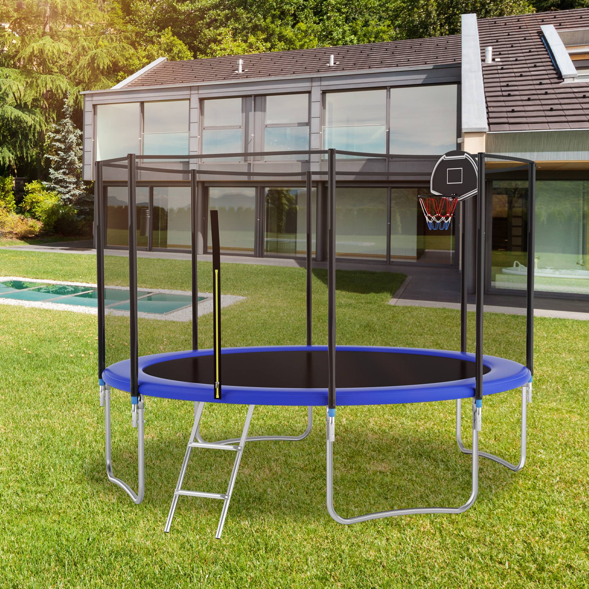 Outdoor Trampoline with Basketball Hoop and Safety Net, Heavy Duty Rebounder with Weatherproof Steel Frame, 366L x 366W x 76H cm, Blue Aosom UK