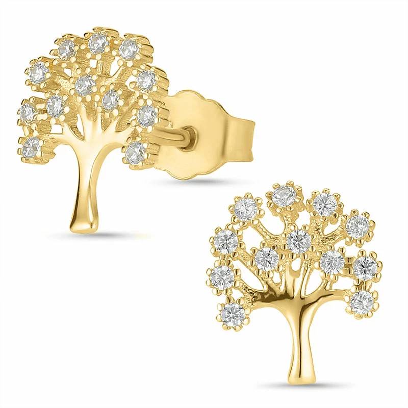 livets træ ørestikker i 8 karat guld med zirkon - Gold Collection - Livets træ smykker