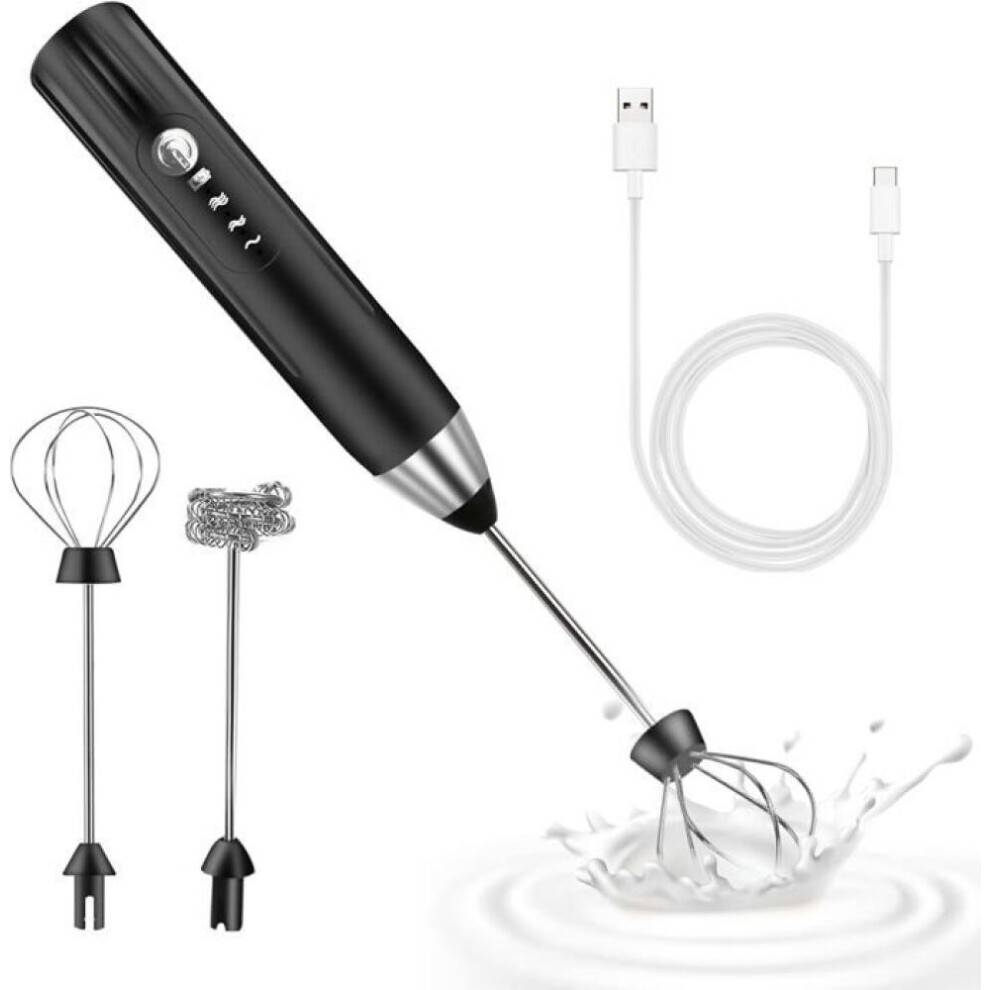 Elektrisk mælkeskummer, USB-genopladelig mælkeskummer og mini elektrisk piskeris, mixer i rustfrit stål (sort)
