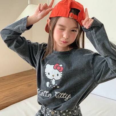 Söt långärmad pullover-t-shirt med rund hals för tweenflickor, höst, KT-kattmönster, distressed - Mörkgrå (8Y,9Y,10Y,11Y,12Y)