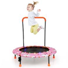 COSTWAY Studsmatta med en diameter på 92 cm, ministudsmatta med LED-belysning och avtagbart handtag, perfekt för träning och barn från 3–6 år, kan användas både inne och ute i trädgården (rosa)