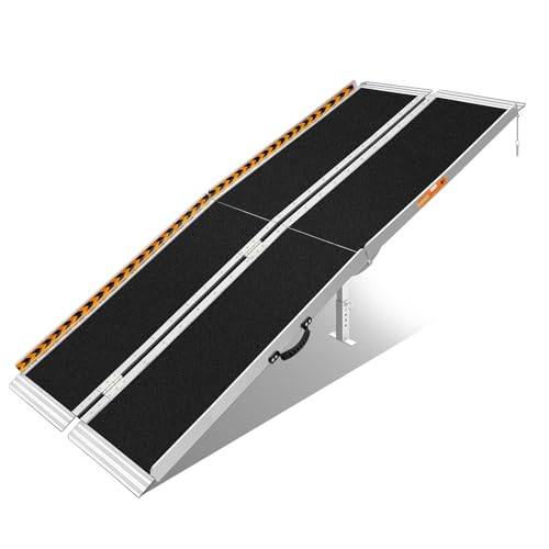 FACHNUO Rollstuhlrampe 213cm Faltbare Aluminium Schwellenrampe mit verstellbaren Stützbeinen, 362kg Tragfähigkeit, rutschfeste & tragbar, Schwarze Rampe für niedrige Treppen, Stufen, Türen, Eingänge