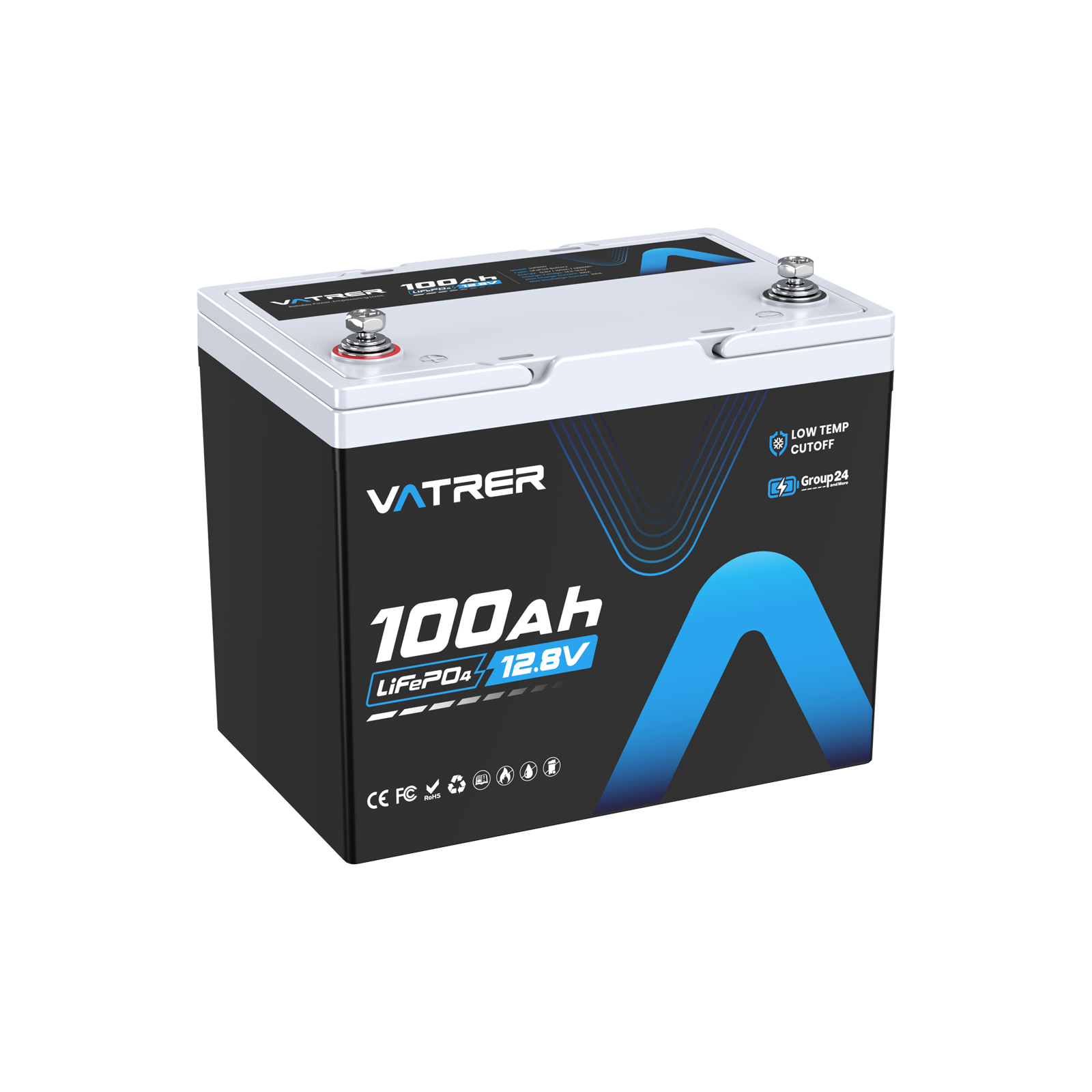 Vatrer 12V 100Ah Group 24 Lithium Battery, 100A BMS Low Temp LiFePO4 Battery CA - 10 PACK