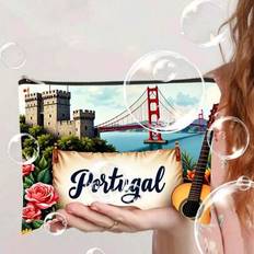 Portugal Themed Cosmetic Bag, Featuring Designs Of Lisbon Castle, Golden Gate Bridge And Portuguese Guitar - Colorful Travel Makeup Organizer Pouch Wi - Multicolor