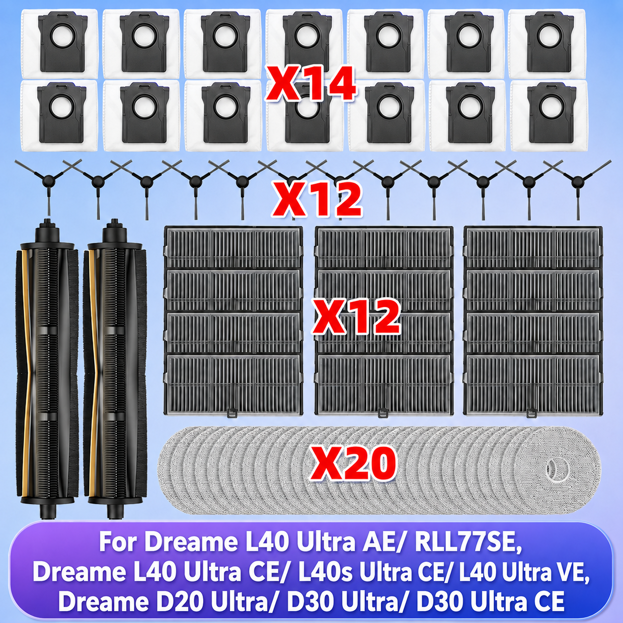 Fit For Dreame L40 Ultra AE/L40s Ultra CE/L40 Ultra CE/L40 Ultra VE,Dreame D20 Ultra/D30 Ultra/D30 Ultra CE Brush Filter Mop Bag