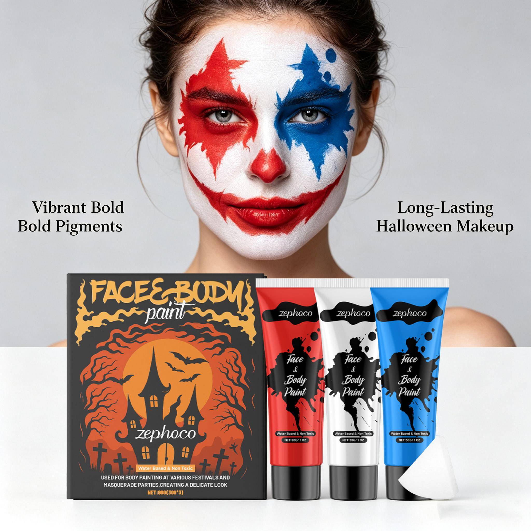 Halloween Face Body Paint Kit 3 Colors High Coverage Cream Paint with Sponges Long-Lasting Party Cosplay Body Art Pigment