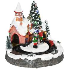 Christmas Village Julstad med LED-belysning, 1 kyrka, 5 julgranar, 1 kvadrat, 2 musiker, 1 befälhavare och 1 rörligt tåg Vinterl