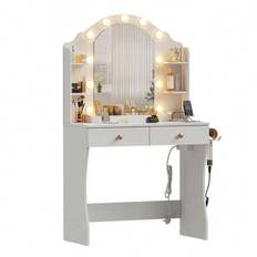 Sminkbord med justerbar LED-belysning och uttag Kosmetikbord med spegel Sminkbord med spegel Sminkbord med stor förvaring modern stil för sovrum, vit - Vitt