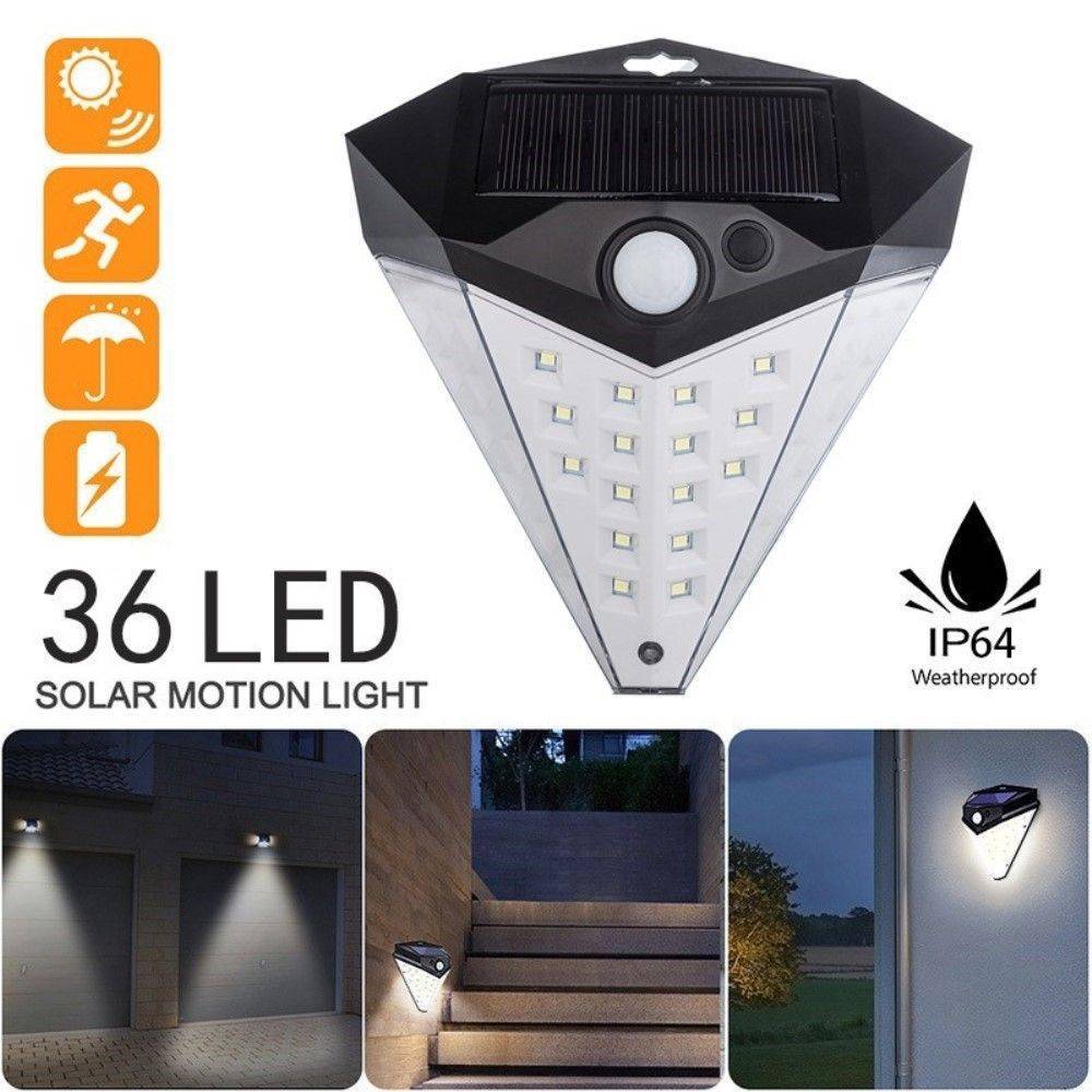 Utomhus LED vägglampa med solceller - 36 LED ljus - rörelsesensor - Vattentät - Svart