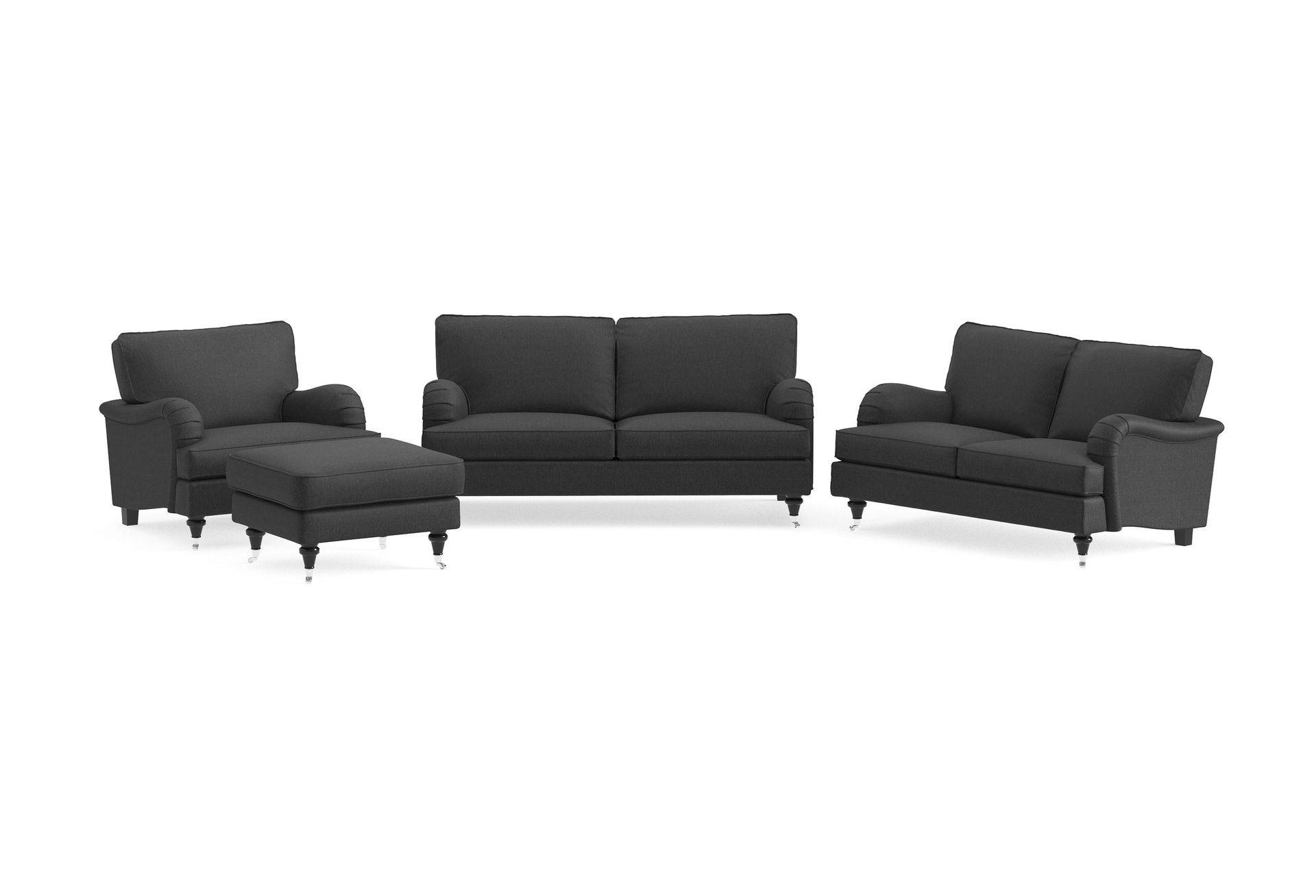 Howard Classic Sofagruppe 2-personers + Lille 2-personers Sofa + Lænestol + Fodskammel i Stof - Mørkegrå