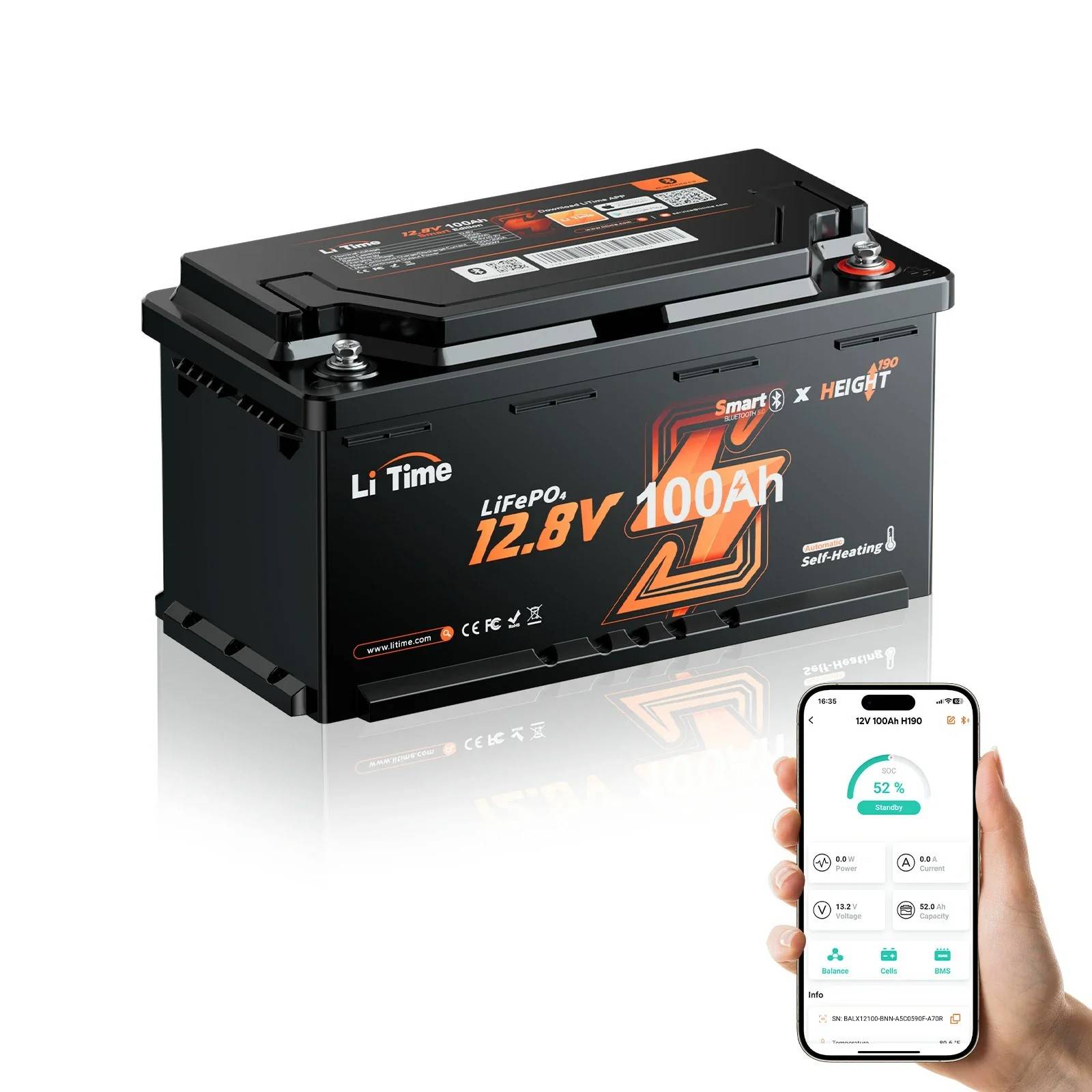 LiTime 12V 100Ah LiFePO4 Battery with Bluetooth & 200A BMS | Smart heater & 2C discharge | 1280Wh, 15000 + cycles | H190/DIN H8 L5 size for mobile home seat | Ideal for Camping, boats & Solar Systems
