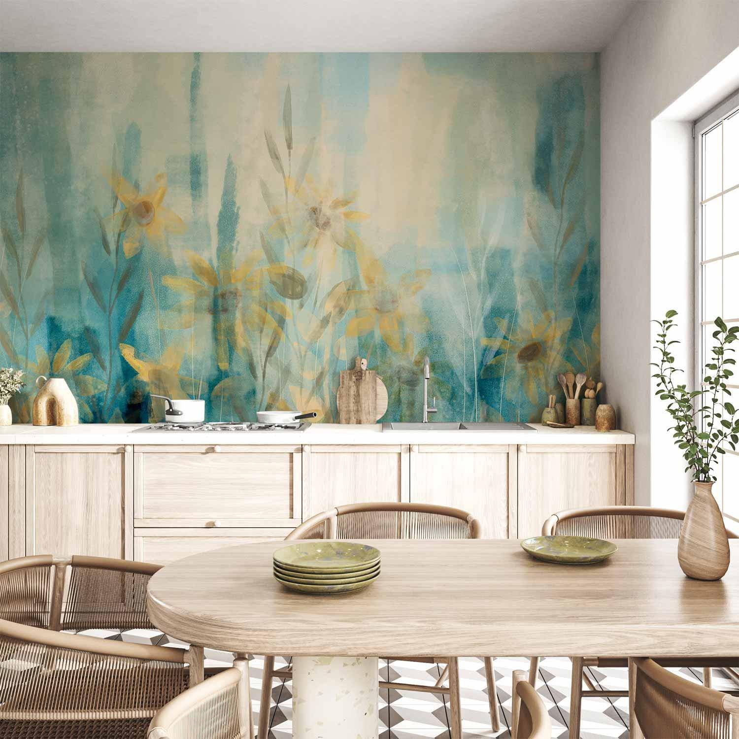 Fototapet A touch of summer med blomstermotiv i blå nuancer - 250 x 175 cm - Vandtæt