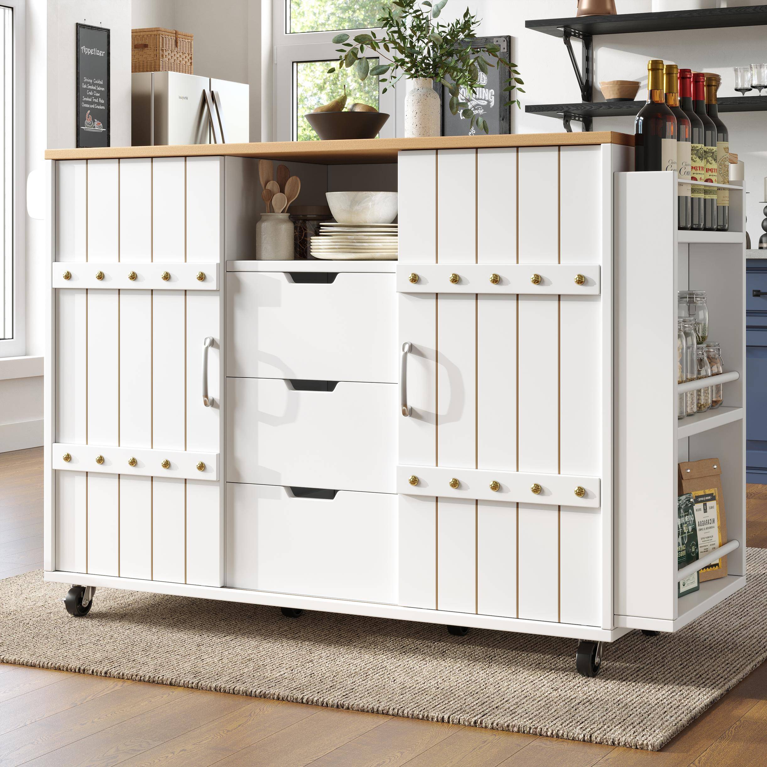Kitchen Island Trolley with Fold-Out Worktop, Aluminium Handles, 2 Lockable Castors, Rolling Serving Cart, 10L x 42W x 90H cm, White Aosom UK