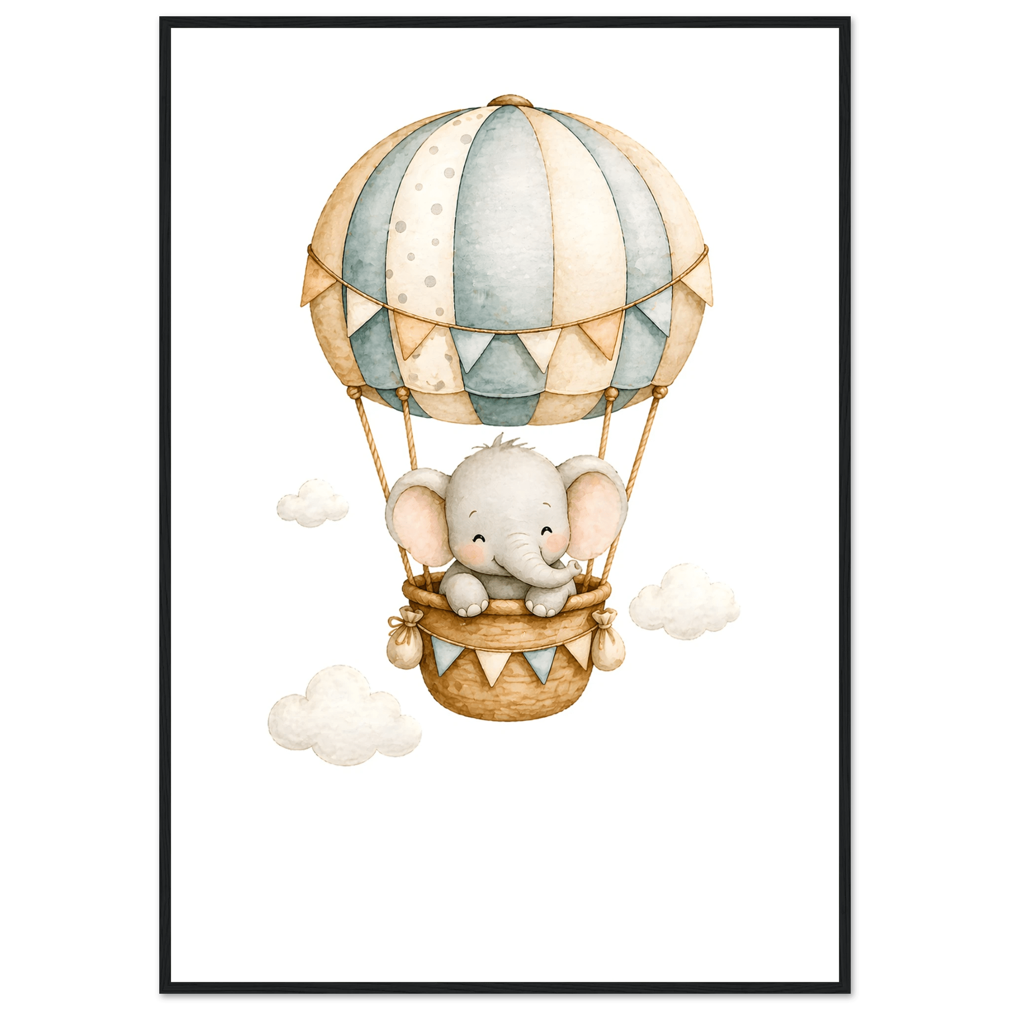 Elefant i luftballong med namn-70x100 cm / 28x40″ / Med ram / Svart