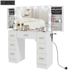 Sminkebord med LED-spejl, USB og stikkontakter, skuffer, skjult opbevaring – 100 x 40 x 137 cm