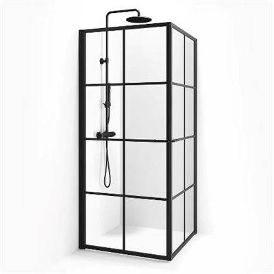 NEW YORK brusehjørne 78,5 x 98,5, 2 døre i 6 mm klart hærdet sikkerhedsglas med sort ramme & sprosser