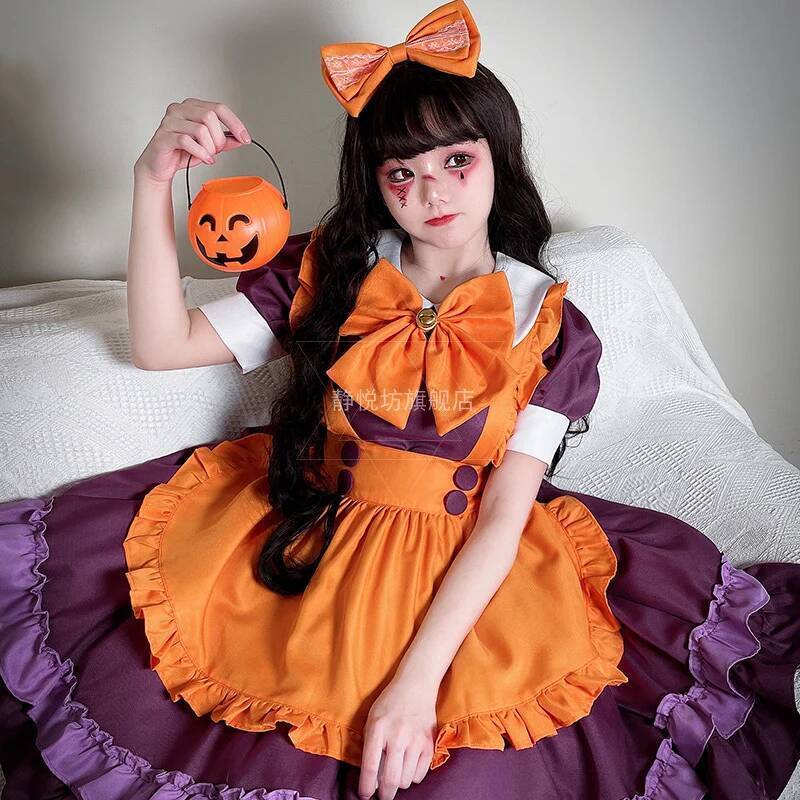 New Maid Cosplay Halloween Costumes for Women Dark Gothic Orange Witch Lolita Dress Maid Uniform Pumpkin Vestidos Disfraz Anime