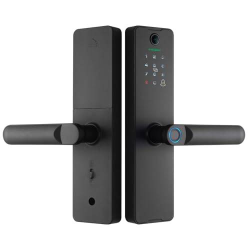 Smart Dörrlås med Kamera och Dörrklocka, WiFi Keyless Entry Door Lock Handle Biometriskt Fingeravtryck Lösenord IC Kort App Lås Upp Elektroniska Dörrlås för Ytterdörr Sovrum