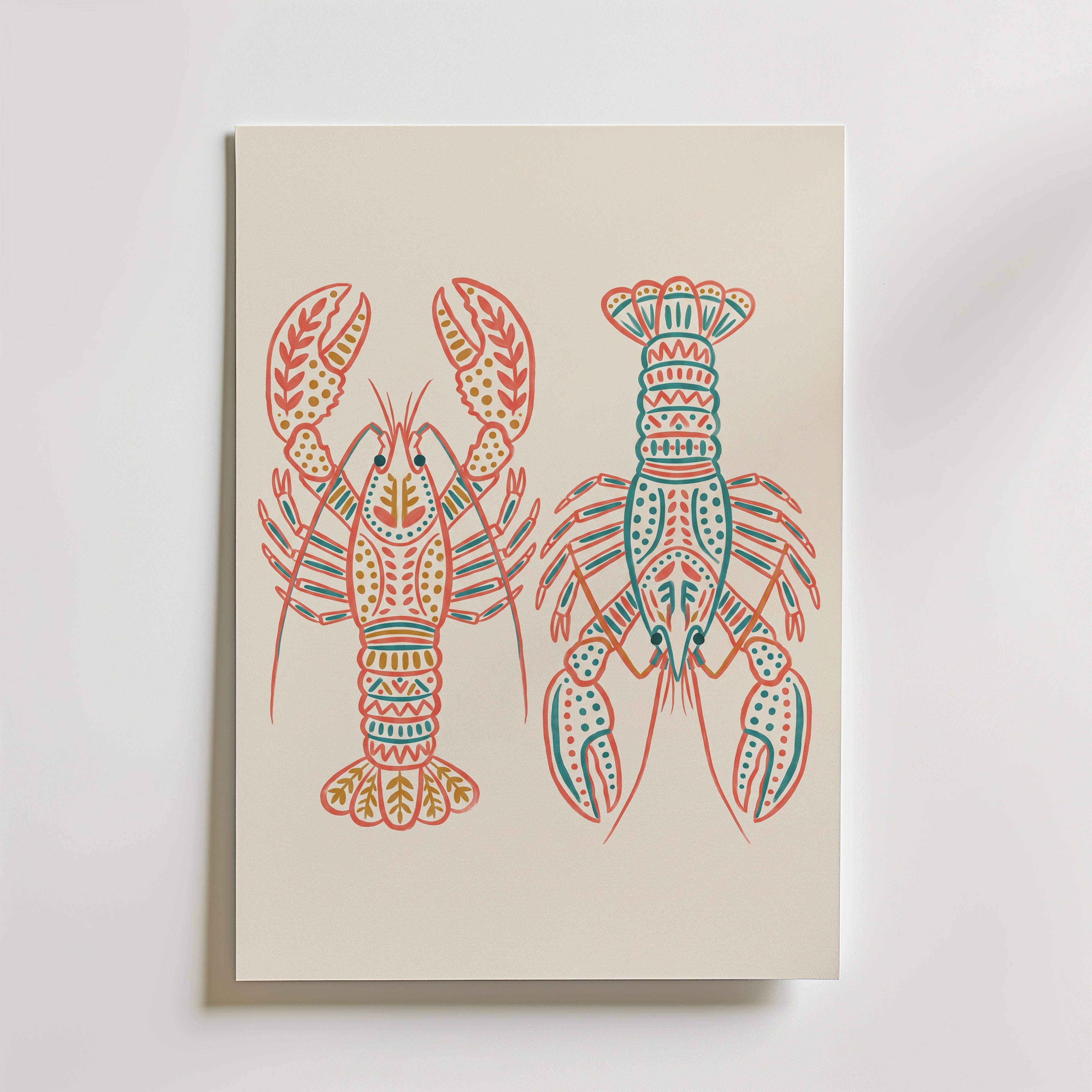 Folk Art Lobsters Poster - Premium Canvas 70x100 cm Utan passepartout