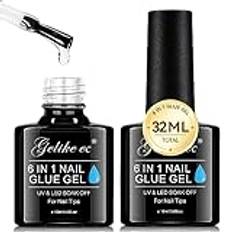 Gelike ec Nail Glue Extra Strong Duo 6-i-1 nagellim för konstgjorda naglar nagellim för tips Tryck på naglar Lång-lasting klar nagellim gel UV för mjuk gel naglar gel curing under UV Nail Light 32 ml