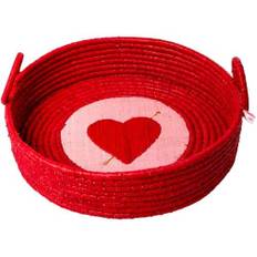 Rice Raffia Bread Basket - Round with Heart - Red
