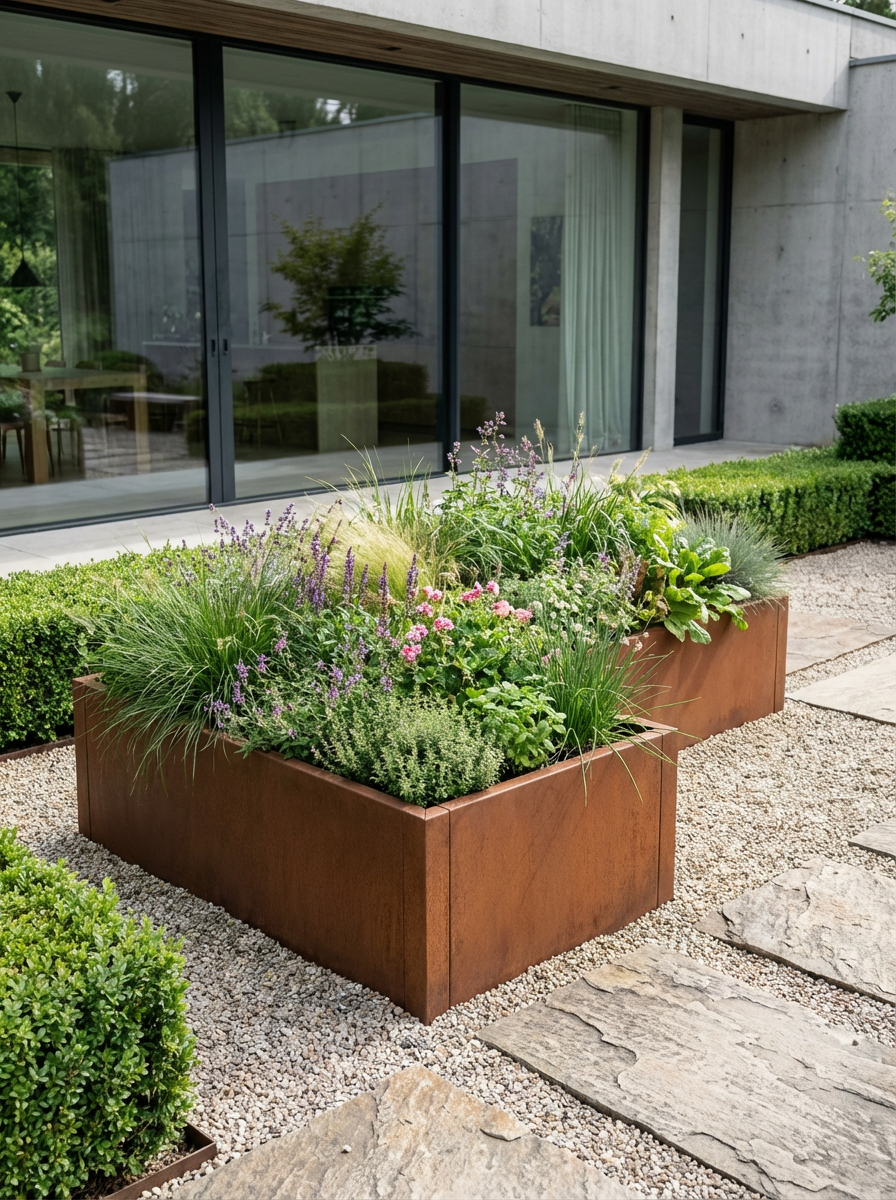 Modulopbyggede - Vinkel-formet højbede i corten stål - L255xD240xB120xH30