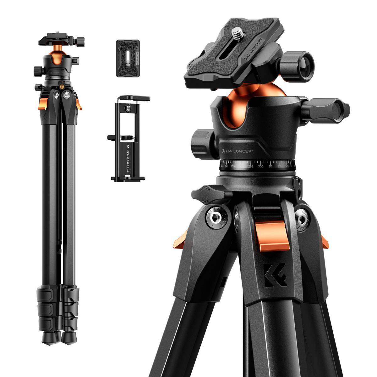 KENTFAITH 67" / 172cm Aluminum Travel Camera Tripod with Arca-Compatible Ball Head, Compact Portable Lightweight Tripod Weighs 2.6 lb, Max Load 22 lb for DSLR Mirrorless Spotting Scope iPhone Teleprompter K&F CONCEPT
