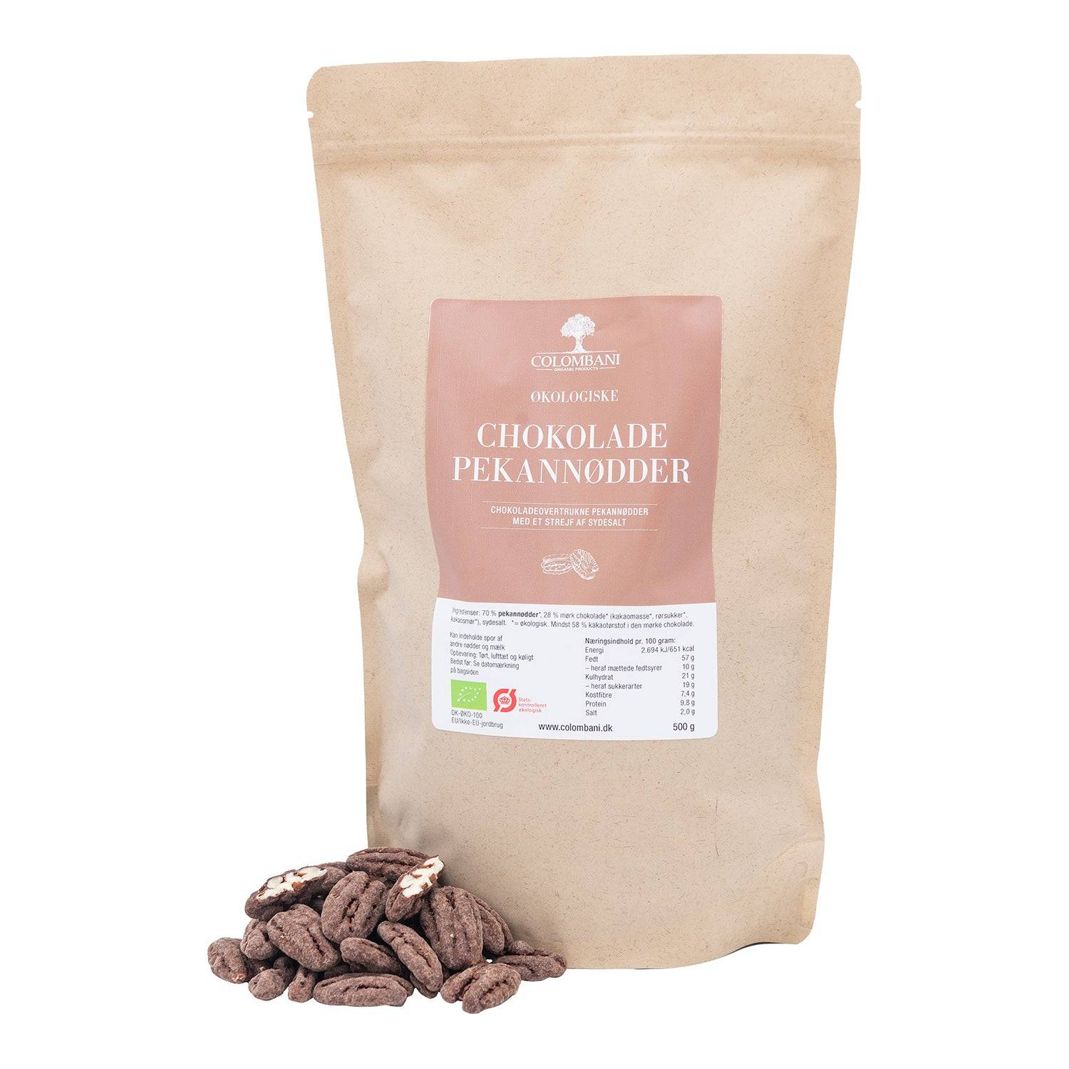 Pekannødder med mørk chokolade og sydesalt, 500 gram, økologisk
