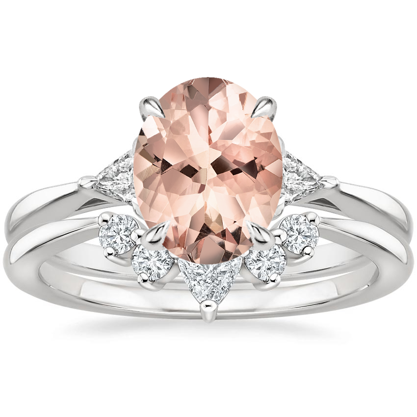 Platinum Morganite Trillion Three Stone Diamond Engagement Ring with Hadley Contoured Diamond Ring