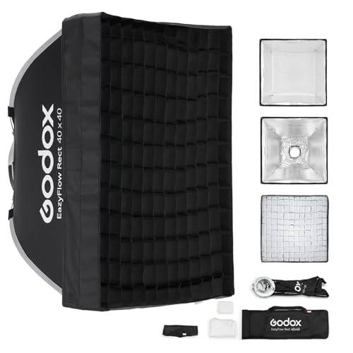 Godox EazyFlow Quick-release softbox, Folt Octabox Quick Setup, Bowens Mount Soft Box med Diffusoren Honeycomb Grid for Studio Streaming Outdoor Portrait Foton (Rect 40 x 40 cm)