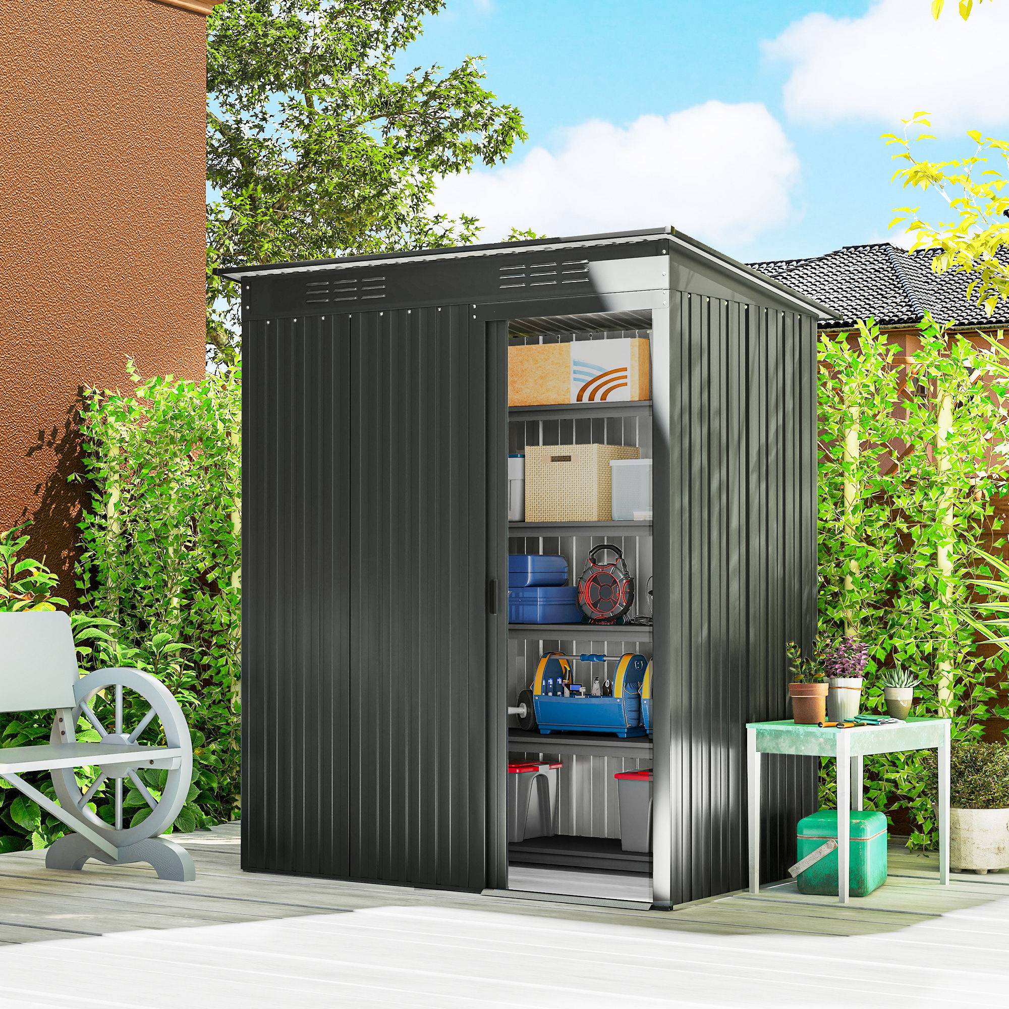 Metalhaveskur 1,37 m², redskabsskur med nem montering, nedhængt tag, skydedør, ventilation, handsker