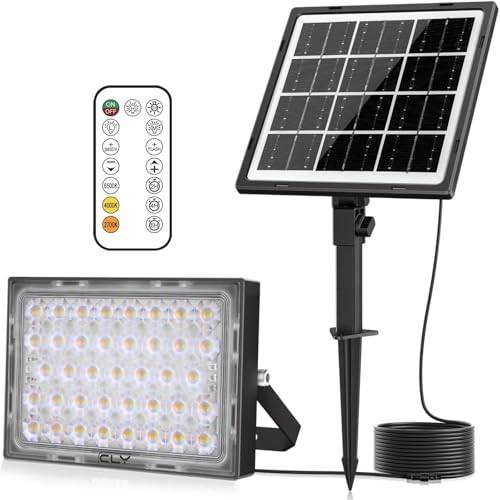 CLY Solar Strahler Außen mit Fernbedienung 30W 2600LM Solarstrahler 2700K 4000K 6000K 2 Helligkeit Solarlampen für Außen 2 Dynamische Modi Timing-Funktion 5000mAh Solar Aussenleuchte IP66 Wasserdicht