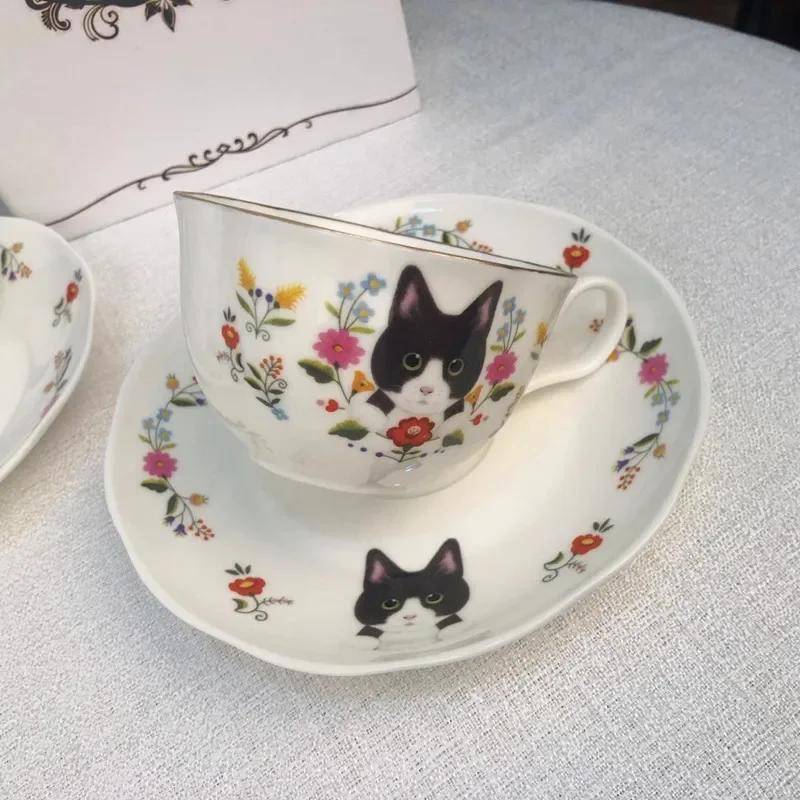 Brittisk Katt Kaffekopp med Fat Porslinskaffekoppar Hög Utseendenivå Frukostmugg Servis Kaffefat Vattenkopp